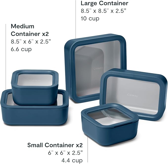 Caraway 13pc Glass Food Storage Container Set - Easy to Store, Non Toxic Lunch Box - with Glass Lids - Includes Storage Organizer - Navy