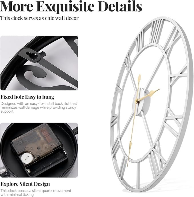 Cuspin 16 inch Wall Clock, Modern Decorative Clock Battery-Operated Silent Non Ticking, Silver Metal Round Clock Roman Numeral Analog for Living Room, Kitchen, Bedroom, Office, Home Decor
