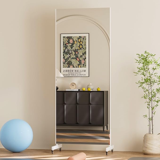 brisafe 67"x28" Ultra-Light Mobile Floor Mirror with 360° Wheels, 0.04mm Shatterproof Nano Film for Home Gym/Yoga/Dance Studio & Commercial Use | 60% Insurance Savings | White