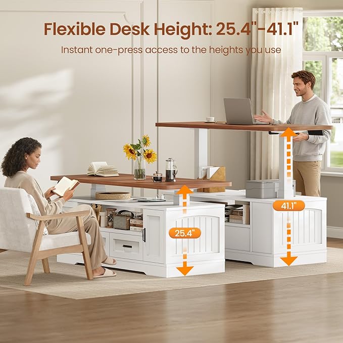 SEDETA 47.2" Electric Standing Coffee Table with Storage, Farmhouse Lift Top Coffee Table with Drawers and Open Shelves, Height Adjustable Tables with Power Outlet, for Living Room, White