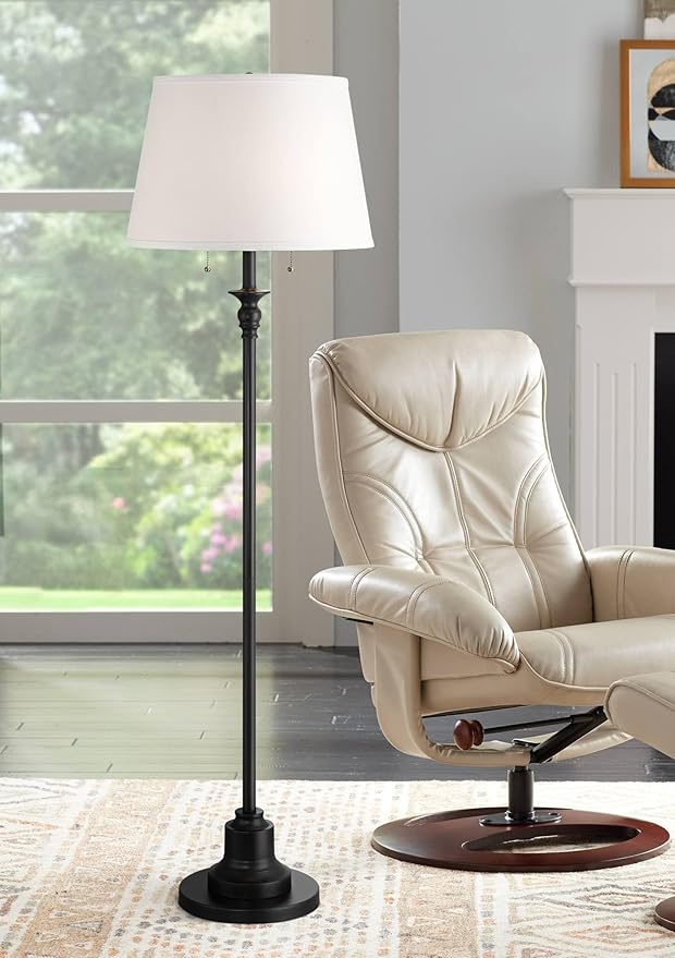 360 Lighting Spenser Traditional 58" Tall Standing Floor Lamp Skinny Pole Pull Chain Satin Black Metal Living Room Bedroom House Reading Office Home Decor Entryway Dining Indoor Family White Shade