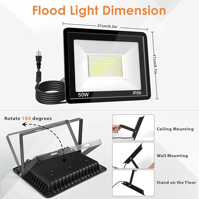 50W LED Flood Light Outdoor 6500K Daylight White,7000LM Super Brighter LED Work Light,IP66 Waterproof Security Light with Switch and Plug for Garage, Garden, Yard, Stadium 2Pack