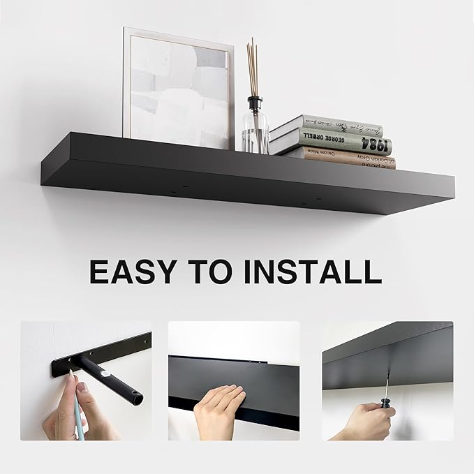 Colima Floating Shelves for Wall, Rustic Wood Wall Mounted Shelves for Bathroom, Toilet, Bedroom, Living Room, Kitchen, Office, Hanging Shelf for Books, Storage, Room Decor, Black, 24in, Set of 3