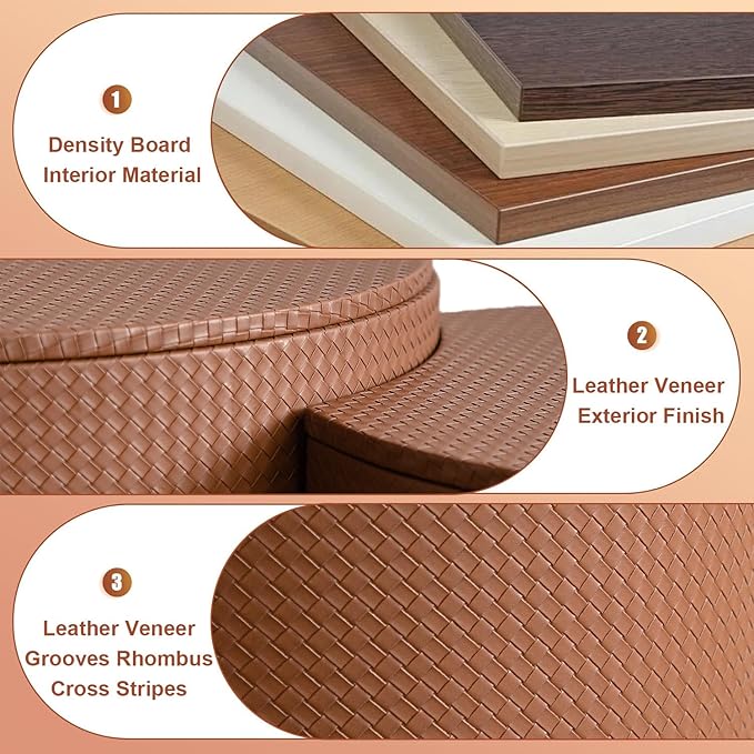 Round Nesting Coffee Table Set of 2, Round Fluted Coffee Tables with Storage for Living Room Leather Veneer Modern Nesting End Side Tables for Small Spaces (A Storage Brown)