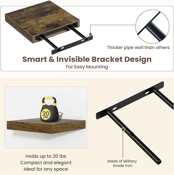 Fun Memories Floating Shelves for Wall - 7.5 Inch Square Shelves with Invisible Brackets, Brown Small Wall Shelf for Living Room, Bathroom, Bedroom, and Kitchen Decor，Set of 4