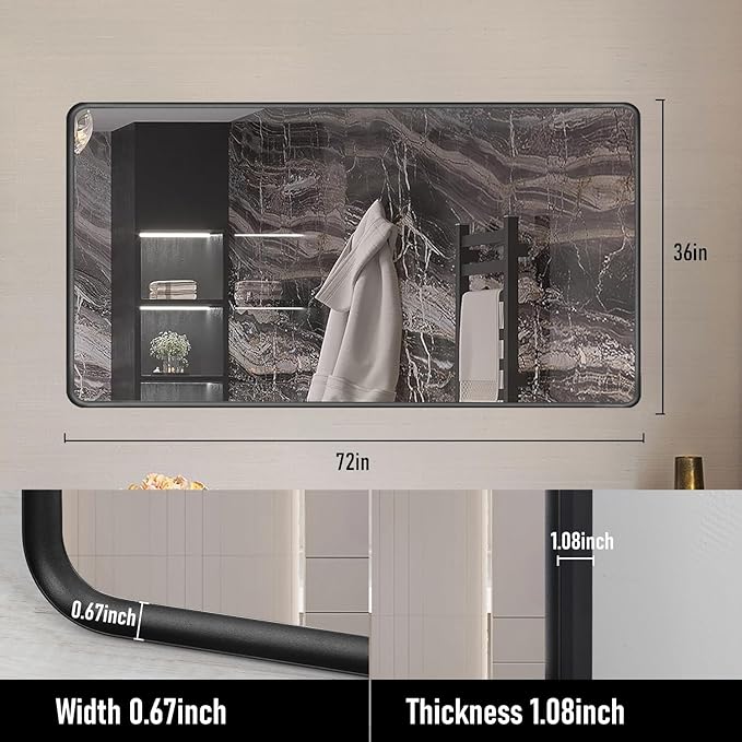 Black Framed Mirrors for Bathroom,72 x 36 Inch Rounded Conner Rectangle Mirror for Wall, Matte Black Vanity Mirror with Tempered Glass,Anti-Rust,Hangs Horizontally or Vertically