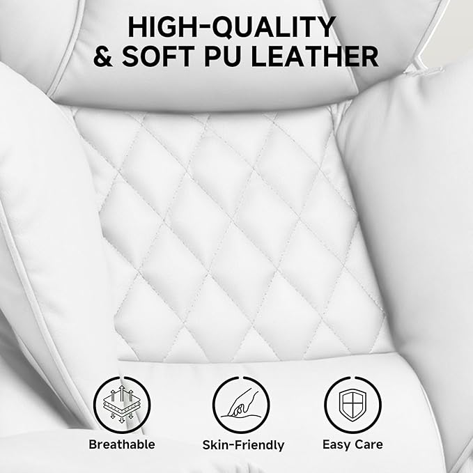 COMHOMA Big and Tall Gaming Chair with Pocket Spring Lumbar Support, Ergonomic Office Chair with Footrest, Executive Desk Chair with Outward Fixed Soft Armrests, Computer Chair with High Back, White