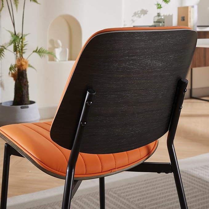 Dining Chairs Set of 4, Mid Century Modern Accent Dining Room and Kitchen Chairs, Upholstered PU Leather Vertical Stripe Chairs for Vanity with Walnut Bentwood and Metal Legs, Orange