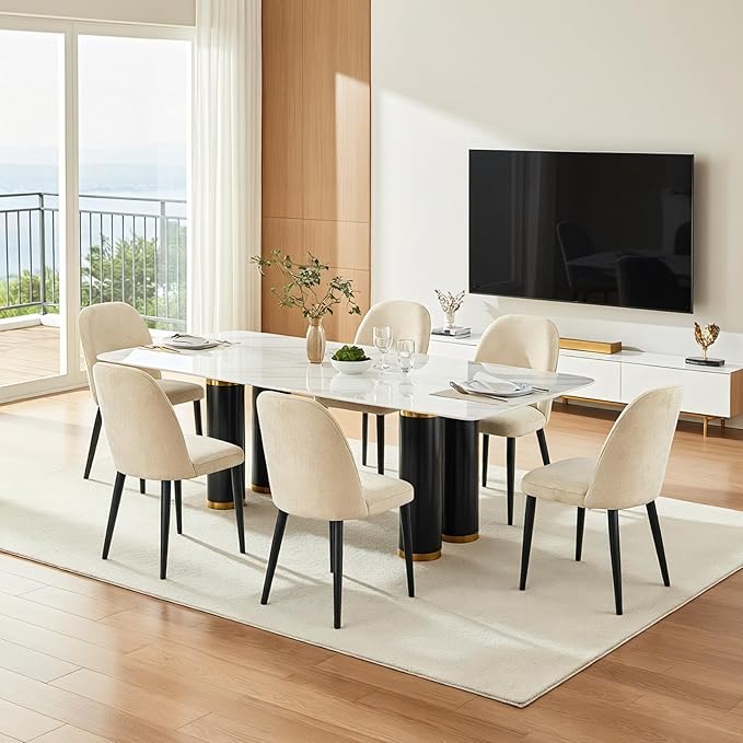 Upholstered Dining Chairs Set of 6, Mid Century Modern Fabric Dining Room Chair High-Back Padded Kitchen Chairs with Padded Seat and Metal Legs for Kitchen Dining Room Restaurant Cafe, Beige