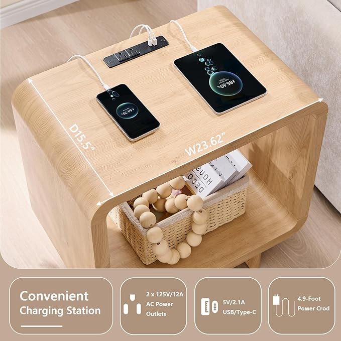 23.6" Modern End Table, 2 Tier Side Table with Charging Station, Simple Bedside Table with Open Storage Shelf, Outlet, Wooden Nightstand for Bedroom, Living Room, Easy Assembly, Natural Oak