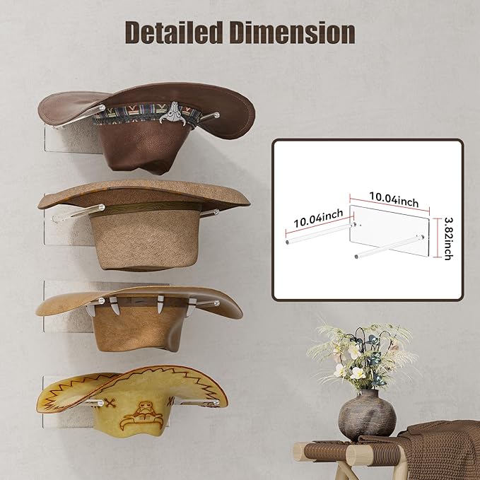 Cowboy Hat Rack for Wall: 4 Pack Acrylic Hat Holder Organizer - Western Rustic Wall Mounted Hat Hanger Stand for Cowboy Hat, Fedora, Sun Hats