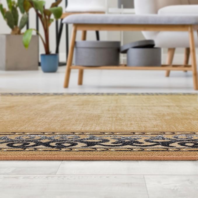 Antep Rugs Alfombras Bordered Modern 3x5 Non-Slip (Non-Skid) Low Pile Rubber Backing Indoor Area Rug (Gold Brown, 3' x 5')