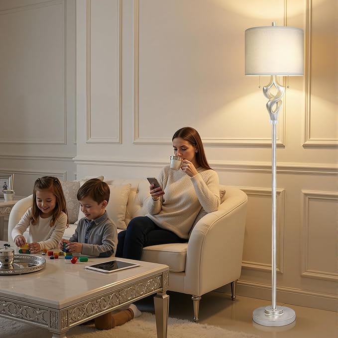 Scenekoy Sculptural 65.5” Floor Lamp for Living Room Bedroom, Silver Leaf Finish & Resin Body, Pull Chains Switch Standing Lamp, Brightness Adjustable Corner Lamp with Bulb Prefer for Home Office Bar