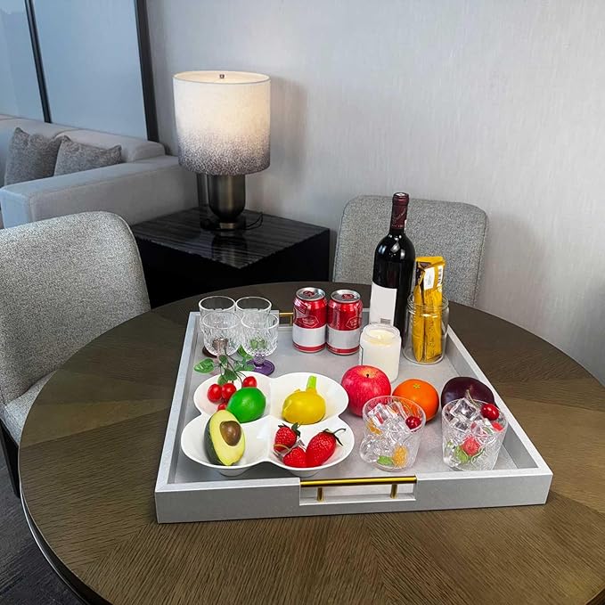 20x20 Inches Large Silver Faux Leather Wrapped Wood Ottoman Tray with Handles for All Occasions, Serving Food Breakfast On Bed, Home Decor Decorative, Living Room,Square Coffee Table Organizer