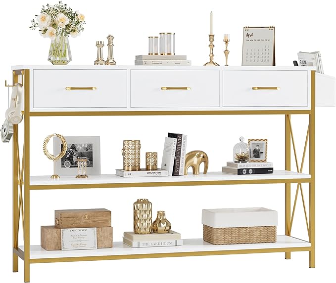 HITHOS 47.2" Console Table with 3 Drawers, Narrow Long Entryway Table with 3-Tier Storage Shelves, Industrial Sofa Foyer Table for Living Room, Hallway, Entry Way, Foyer, Kitchen, White/Gold