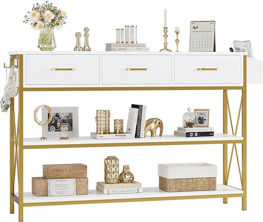 HITHOS 47.2" Console Table with 3 Drawers, Narrow Long Entryway Table with 3-Tier Storage Shelves, Industrial Sofa Foyer Table for Living Room, Hallway, Entry Way, Foyer, Kitchen, White/Gold
