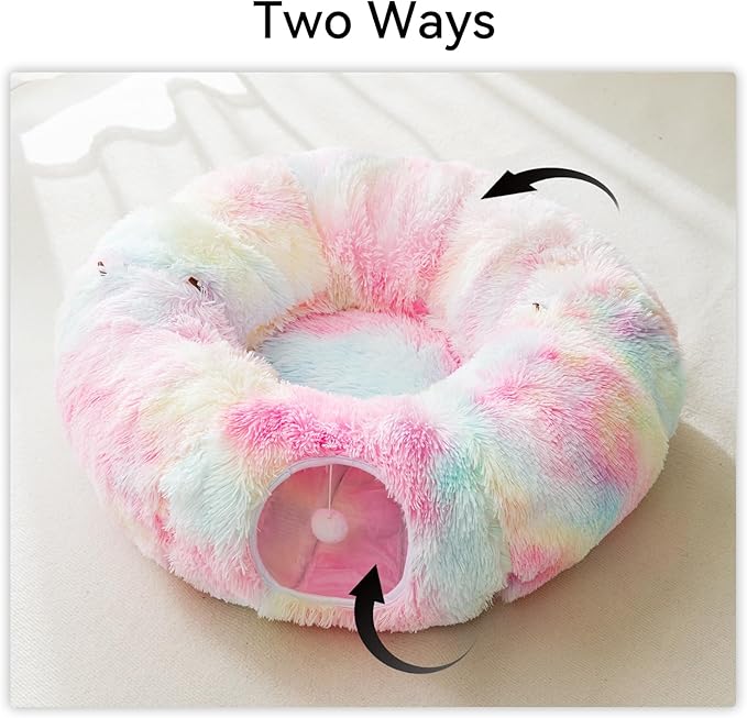 HIPIPET Winter Plush Cat Tunnel with Bed, Multifunctional Cat Toys for Small to Large Cats (Rainbow)