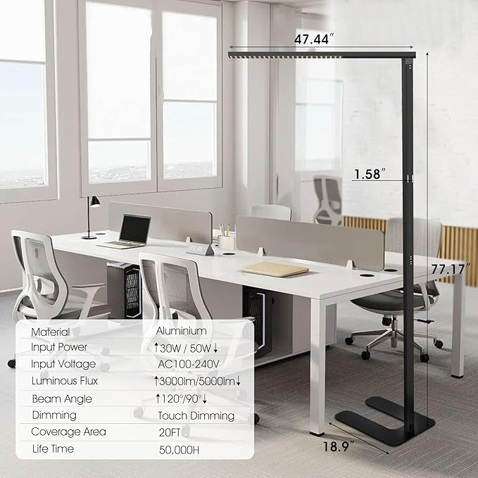 77"LED Floor Lamp,80W Black Modern Free-Standing Lamp,8000LM Dimmable High brightness office Lamp for Reading Study Room，Living Room，Bedroom Room,Piano Room,Meeting Room 4000K Natural Daylight