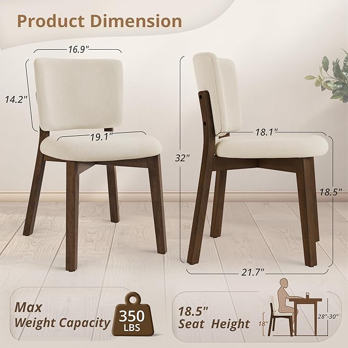 LUE BONA Wooden Dining Chairs Set of 4, Comfortable Wide Back Kitchen Side Chairs, Strong Thick Legs for Modern Farmhouse Dining Room, Linen Upholstered and Dark Brown Legs