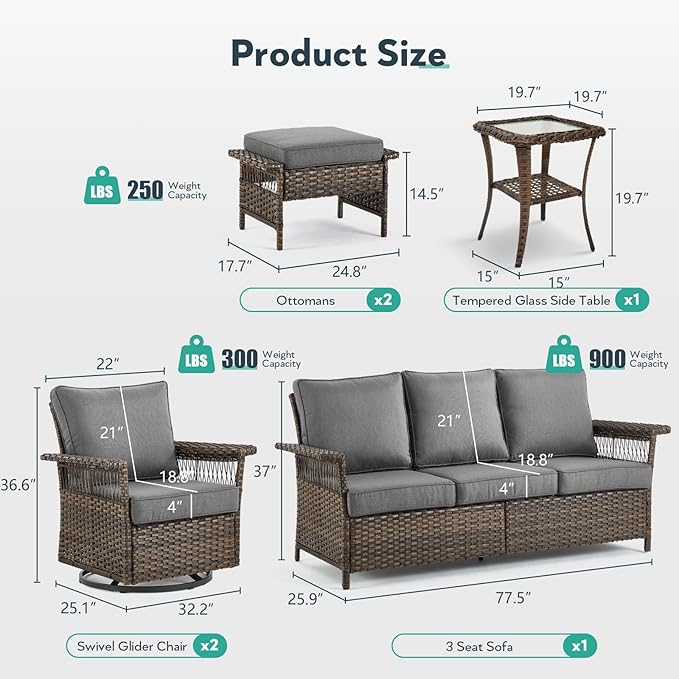 6 Pieces Wicker Patio Furniture Set - Hollow Widen Armrests Outdoor Swivel Glider Chairs and 3 Seat Sofa with Coffee Table & Ottomans for Balcony Porch Deck and Yard - Brown/Gray
