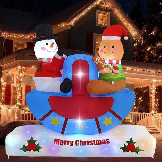 6FT Seesaw Snowman and Pancake Man, Built-in LED Lights and Colorful Rotating Lights, Suitable for Christmas Lawns, Gardens, Courtyards Outdoor Inflatable Decorations