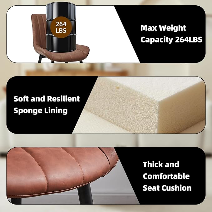 Dining Chairs Set of 4, Faux Leather Modern Linear Design Dining Chair with Metal Legs, 16.9" Seat Width Chair for Kitchen, Lounge, Reception Room, Restaurant, Commercial (Brown)