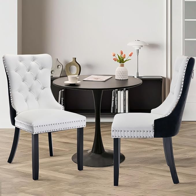 SoarFlash Kitchen Table and Chairs for 2, 31.5" Dining Table Set for 2 with Leather Upholstered Chairs, 3 Piece Round Kitchen Table Set, Dining Room Table Set for Small Space, Apartment, Black/White