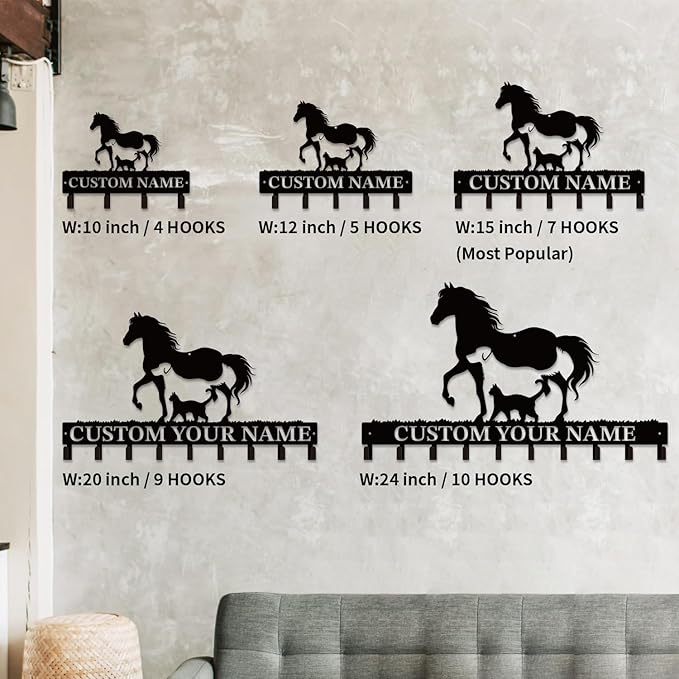 Personalized Custom Name Farm Horse Wall Key Hooks,Metal Horse Art Clothes Hooks,Metal Horse Wall Home Storage Decorative,For Front Door, Hallway, Kitchen, Bedroom,Keys,Hats (Style A)