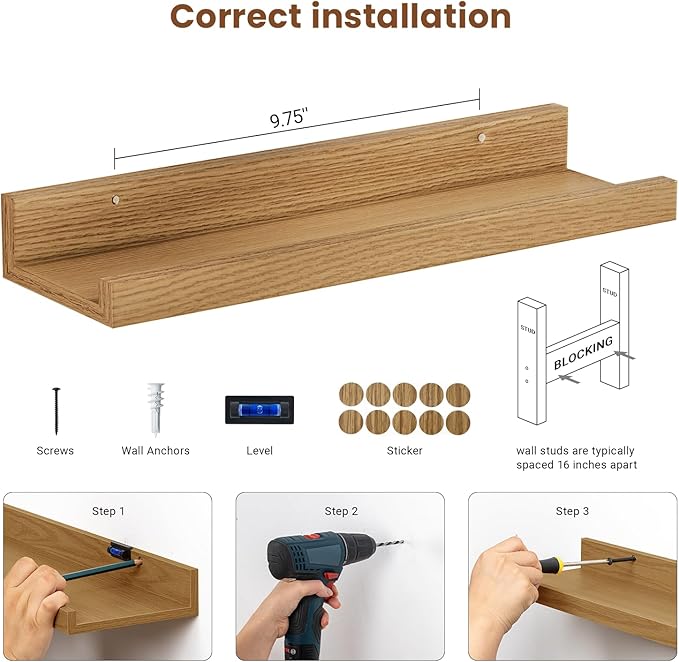 Heimlove Floating Shelves Set of 6, 16" Wall Mounted Picture Ledge, Display Shelf Organizer for Decor Storage, Wall Mounted Shelves for Living Room, Bedroom, Bathroom, Kitchen (Oak)