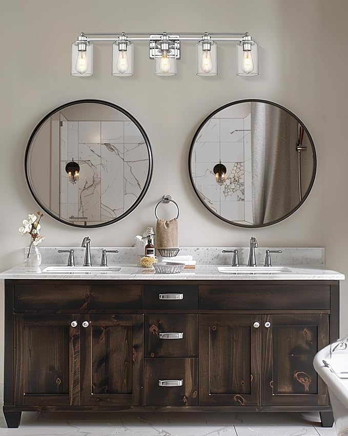 Chrome Vanity Light Fixtures, HWH 5-Light Bathroom Light Over Mirror, Modern Wall Sconce Lighting for Bathroom 37-inch, Chrome Finish, 5HLT63B-5W CH