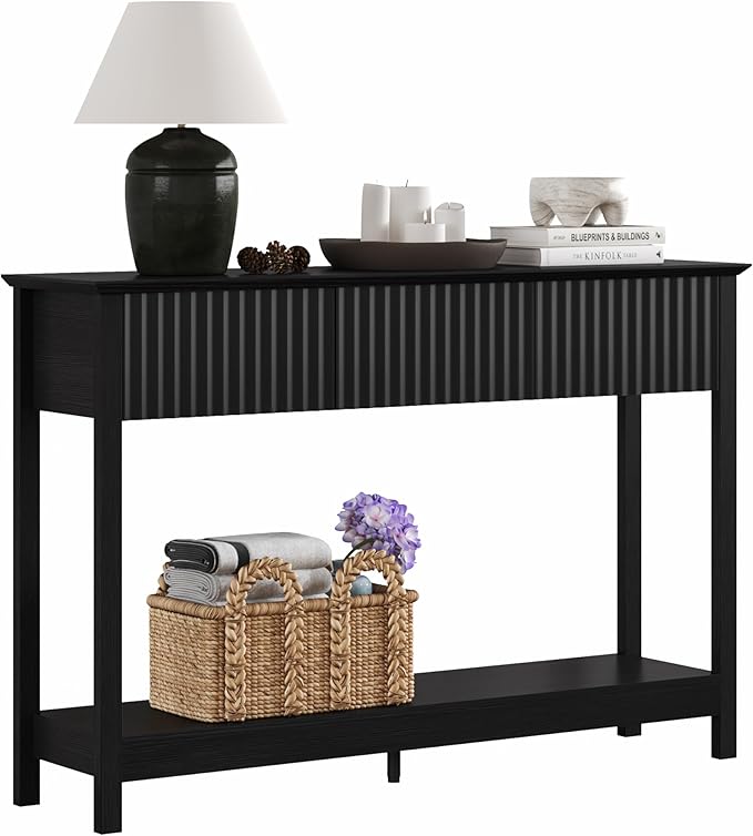 Treocho 47" Fluted Console Table with 3 Drawers, Narrow Long Entryway Table with Storage and Shelf, 2-Tier Sofa Table Behind Couch Accent Tables for Entrance Foyer, Hallway, Living Room, Black