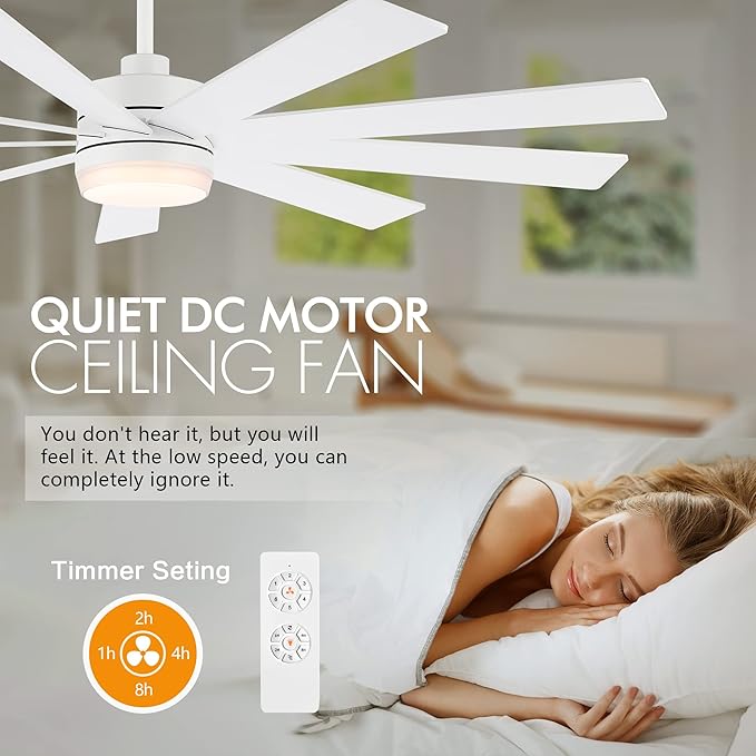 64" Ceiling Fan with Light White, 6-Speed Remote Control, Reversible DC Motor, Modern 9 Blades with 4.5"/12" Downrods for Home or Commercial, Living Room/Restaurant