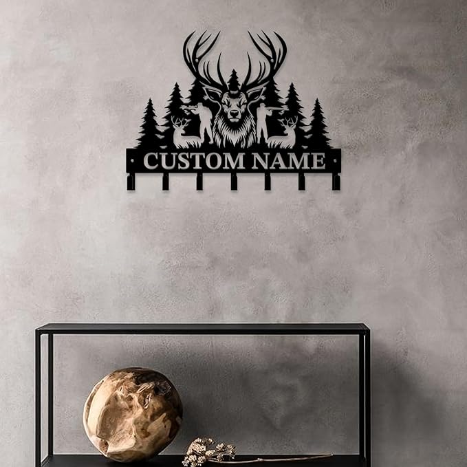 Personalized Custom Name Hunting Deer Wall Key Hooks,Metal Hunting Art Clothes Hooks,Metal Hunting Wall Home Storage Decorative,Hunter For Front Door, Hallway, Kitchen, Bedroom,Keys,Hats (Style F)