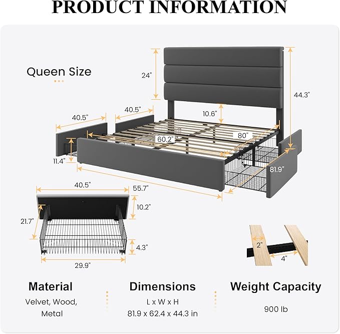 SHA CERLIN Queen Size Platform Bed Frame with 4 Storage Drawers, Velvet Upholstered Headboard, Mattress Foundation with Wooden Slats Support, No Box Spring Needed, Easy Assembly, Grey