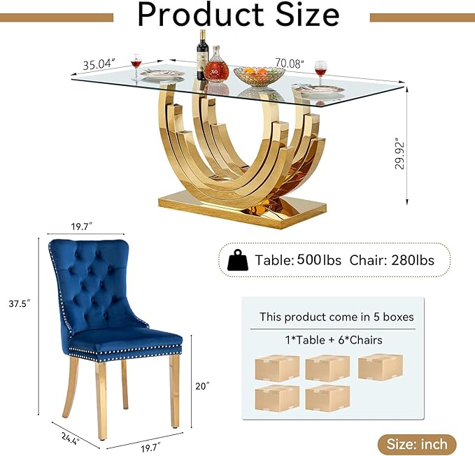 7 Piece Dining Table Set with 6 Blue Dining Chairs, Modern Glass Kitchen Table and Chairs Set for 6, 70" Rectangle Gold Glass Pedestal Dining Room Tables with Ring-Shape Stainless Steel Base