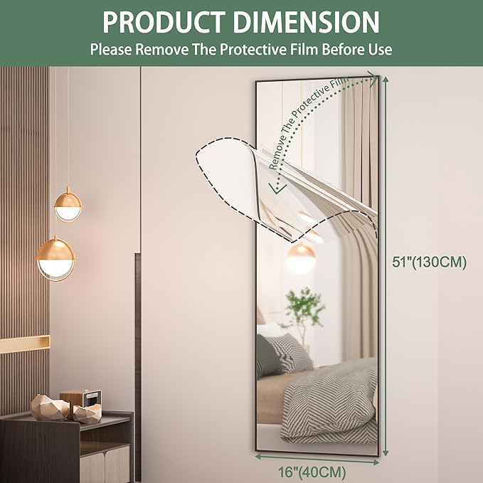 Hasipu Door Mirror Full Length, 51 x 16 Inch Full Body Wall Mirror Over The Door Hanging Mirror for Bedroom, Living Room, Cloakroom