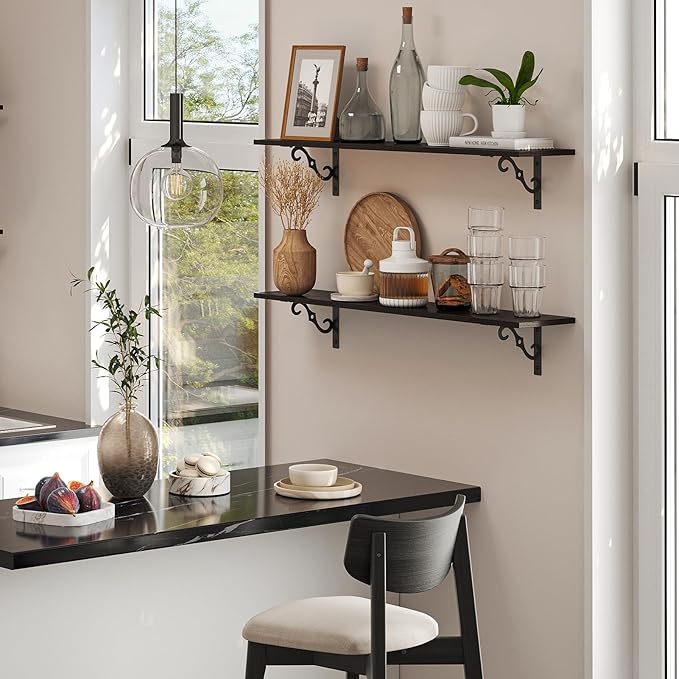 DINZI LVJ Long Wall Shelves, 31.5" Large Floating Shelves Set of 2, Farmhouse Display Shelf Wall Mounted with Heavy Duty Brackets, Easy Assembly for Kitchen, Bathroom, Bedroom, Balcony, Espresso