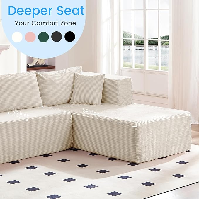PUREMIND 106" White Cloud Sectional Couch Sectional Couches for Living Room, Corduroy L Shape Sofa with Deep Seat, Modular Boneless Foam Couch Corner Couches No Assembly Required