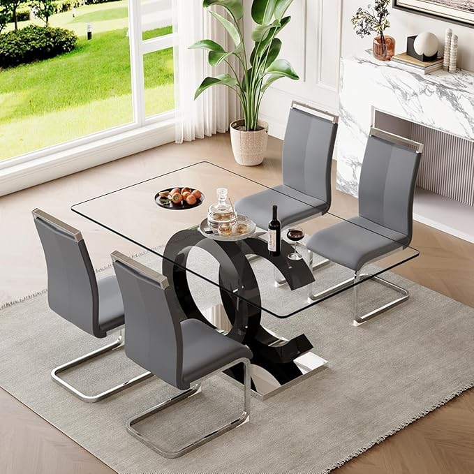 63'' Glass Dining Table Set for 4, Kitchen Table Chairs Set of 4, Clear Glass Dining Table with Black unique design Leg and Silver Metal Base, 4 PU Dining Chairs with Metal Legs, Living Room, Kitchen.