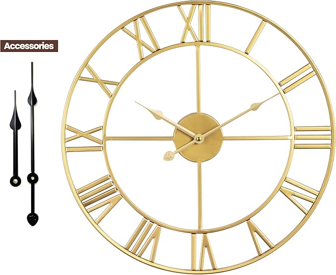 1st owned Large Wall Clock, Metal Retro Roman Numeral Clock, Modern Round Wall Clocks Almost Silent, Easy to Read for Living Room/Home/Kitchen/Bedroom/Office/School Decor (Gold, 16 Inch)