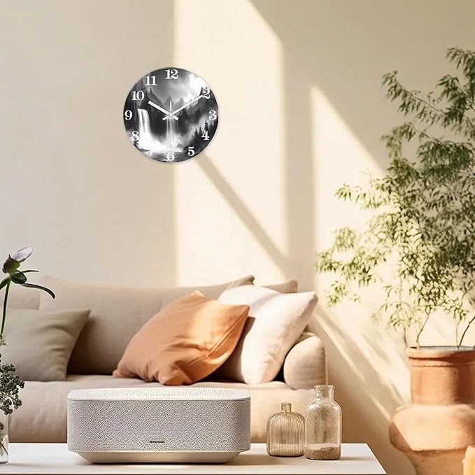 XNM Natural Landscape Bathroom Wall Clocks Battery Operated 12 Inch Black and White Round Silent Wall Clock Non Ticking Glass Small Clock for Wall