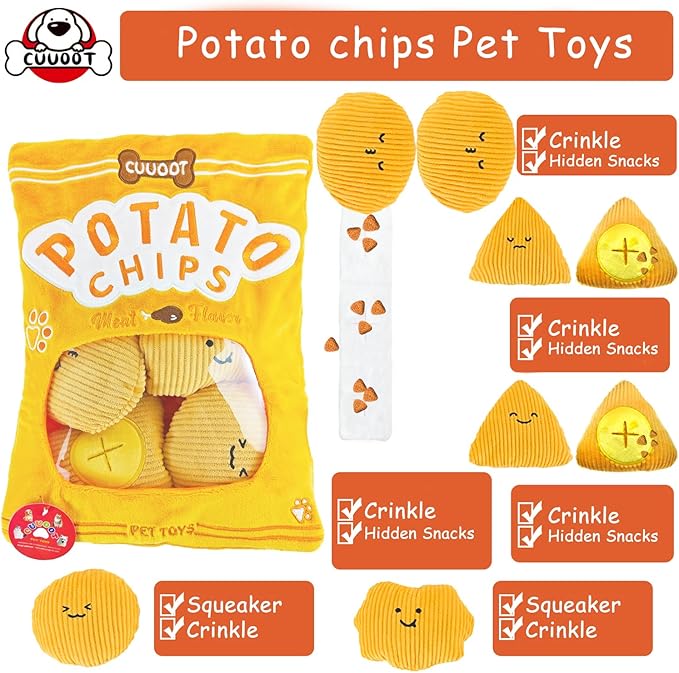 Dog Puzzle Toy, Crinkle Squeaky Interactive Dog Toys, Enrichment Treat Puzzle Dog Toy for Medium, and Large Dogs (Potato Chips)