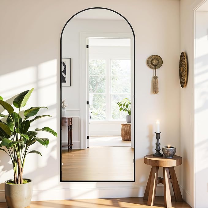 Full Length Mirror, 65"x22" Oversized Floor Mirror Freestanding, Full Body Mirror Floor Standing Mirrors with Stand, Hanging Mounted Mirrors for Bedroom Living Room, Black, Arched Style