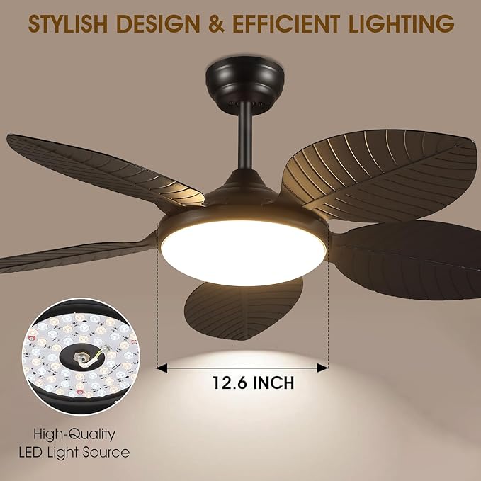 Ceiling Fans with Lights and Remote/APP Control, 48 Inch Tropical Ceiling Fan for Bedroom Living Room, Outdoor Palm Leaf Ceiling Fan for Patios Porch, Dimmable, 6 Speeds, Reversible, Black