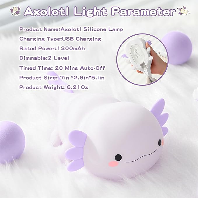 Axolotl Night Light for Kids,Cute Purple Axolotl Lamp ,LED Squishy Nursery Nightlight, Soft Silicone Novelty Animal Bedside Touch Lamp,Adorable Room Decor , Axolotl Christmas Gifts for Mom Girls Baby