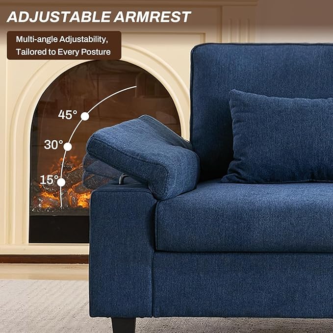 3 Seater Couch for Living Room, 79'' Comfy Deep Seat Sofa with Adjustable Armrests & USB/Type-C Charging Ports, Mid Century Modern Couch for Bedroom, Home Office, Blue