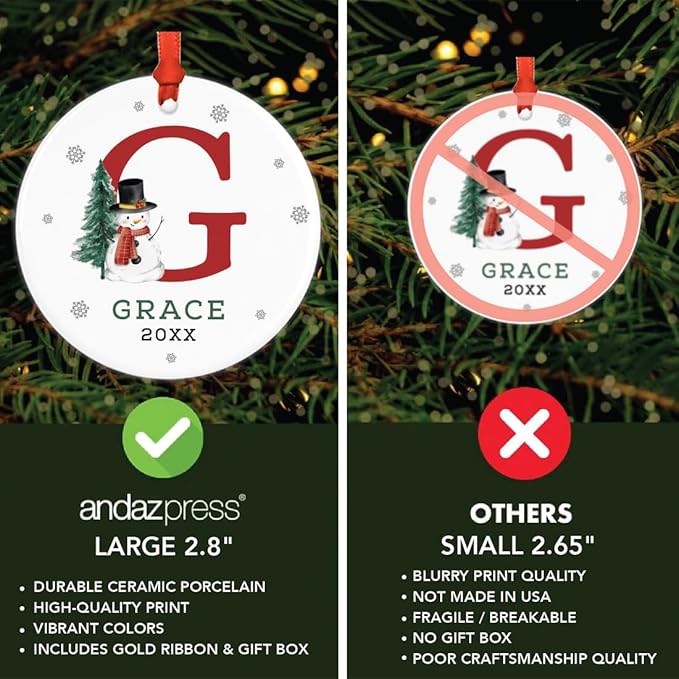 Andaz Press Personalized Ornament, Custom Name, Initial G Monogram Snowman 2.8" Ceramic Porcelain 2025 Christmas Ornament Keepsake for Kids, Boys, Girls, Initial Ornaments, 1-Pack