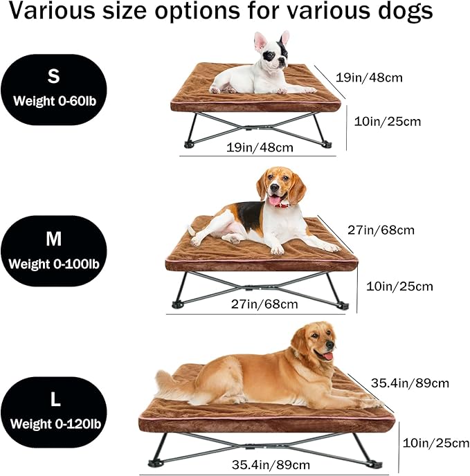 unp Outdoor Lifted Dog Bed - Pop up Dog Cot Bed for Medium Dogs, Washable Plush Cover & Carrying Bag - 26.7 x 26.7 x 10 inch Dog Camping Chair for Lawn (Brown, M)