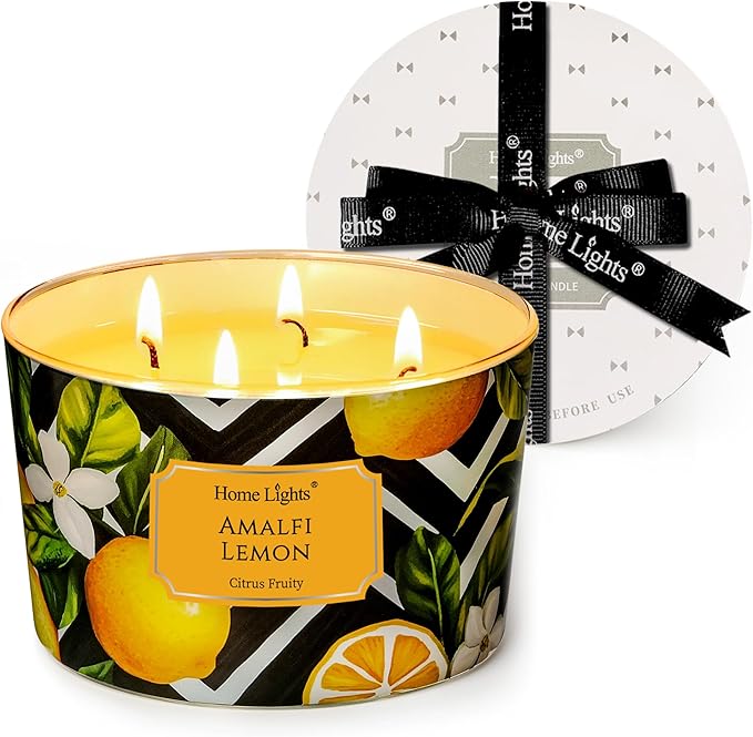 HomeLights Large jar Candle | 4-Wick Long-Lasting Scented Candles, 18oz Natural Soy Wax Candle for Home Scented, Eclectic Mixed Styles Gifts for Women & Men, Amalfi Lemon