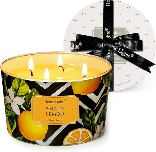 HomeLights Large jar Candle | 4-Wick Long-Lasting Scented Candles, 18oz Natural Soy Wax Candle for Home Scented, Eclectic Mixed Styles Gifts for Women & Men, Amalfi Lemon